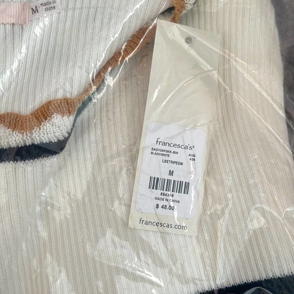 FRANCESCA'S Fitted Striped Sweater Scalloped Edges Cream/Black/Mustard Small - Picture 7 of 8